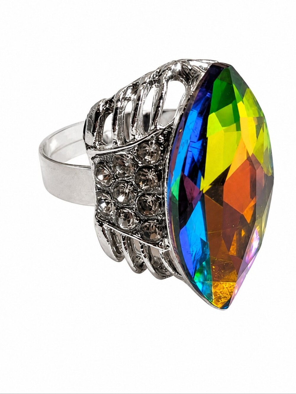 Vintage Adjustable Silver Tone AB‎ Crystal Cocktail Ring
